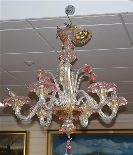 A Bohemian pink and clear glass six branch ceiling chandelier